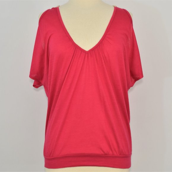 Y2k L8ter Butterfly Cold Shoulder V-Neck Top Blouse Fuchsia Pink Gold Sequin M - Picture 2 of 11